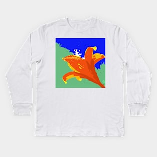 Daylily in orange, blue, green, digitally modified photo Kids Long Sleeve T-Shirt